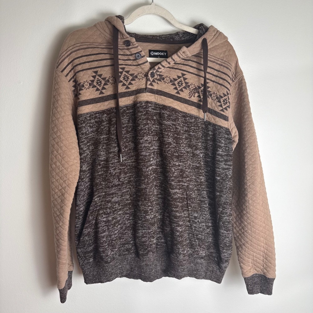 Hooey Mens Aztec Quilted Marled Pullover Hoodie Brown Tan Size Medium